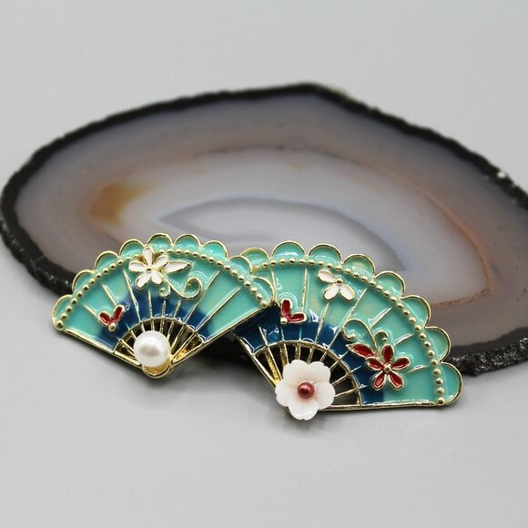 Fan traditional jewelry pin brooch fashion white pearl elegant beautiful gold - Picture 3 of 11